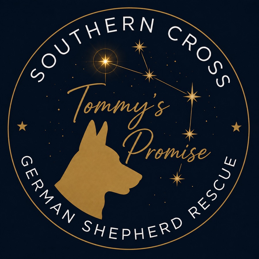 Tommy's Promise - the Southern Cross emblem with a German Shepherd silhouette and the Southern Cross constellation
